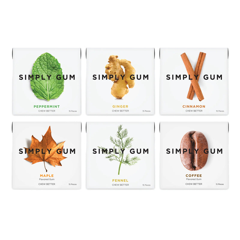 Simply Assorted Originals Gum 6 Pack- 1 pack each of Peppermint, Ginger, Cinnamon, Maple, Fennel, Coffee gum