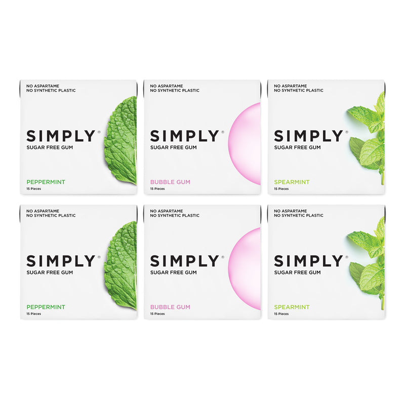 Simply Assorted Sugar Free Gum- 2 packs each of Sugar Free Peppermint, Sugar Free Bubble Gum and Sugar Free Spearmint Gum