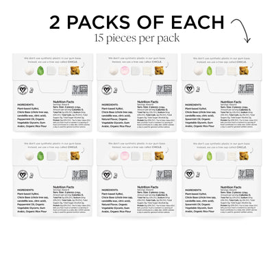 2 packs of each, 15 pieces per pack. backs of pack