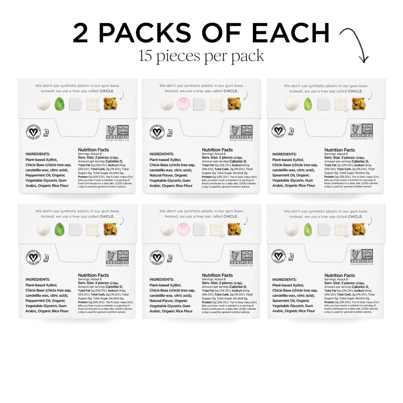 2 packs of each, 15 pieces per pack. backs of pack