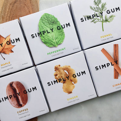 Simply Assorted Originals Gum- 1 pack each of Maple, Peppermint, Fennel, Coffee, Ginger, Cinnamon gum